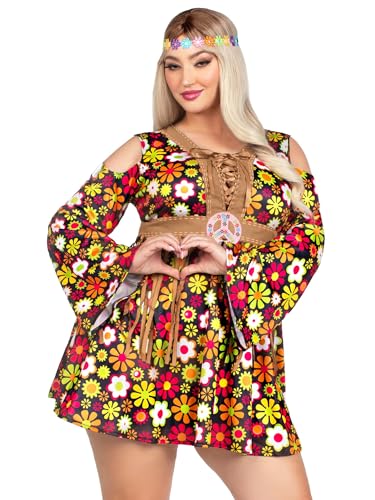 Leg Avenue Women's Plus Size 2 Pc Starflower Hippie Costume with Dress, Headband, Multi, 3X / 4X