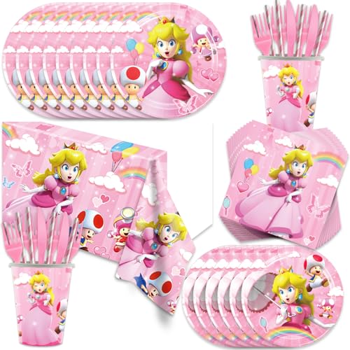 141pcs Princess Peach Birthday Tableware Decorations Party Plates Cups Theme Napkins Tablecloth for Princess Peach Party Decoration