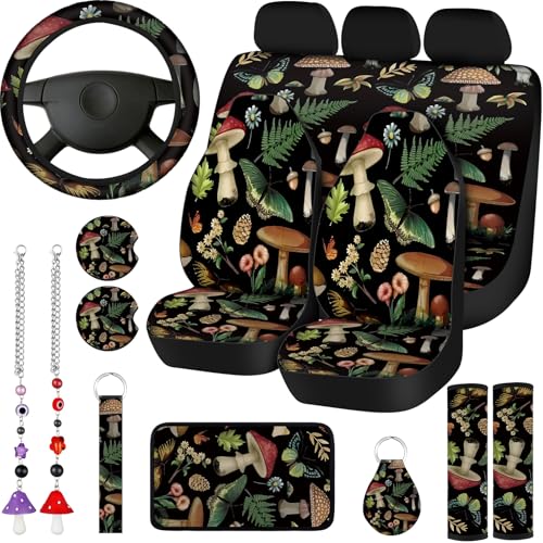 17 Pcs Mushroom Car Seat Covers Mushroom Car Accessories Full Set for Women Men Automotive Rear Front Seat Protector View Mirror Hanging Ornament Steer Wheel Belt Cover (Butterfly Mushrooms)