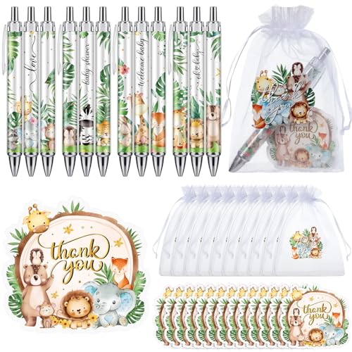 Chuangdi 50 Sets Baby Shower Favors Gifts for Guests Includes 50 Pcs Ballpoint Pens, Thank You Cards and Organza Bags(Jungle Animal)