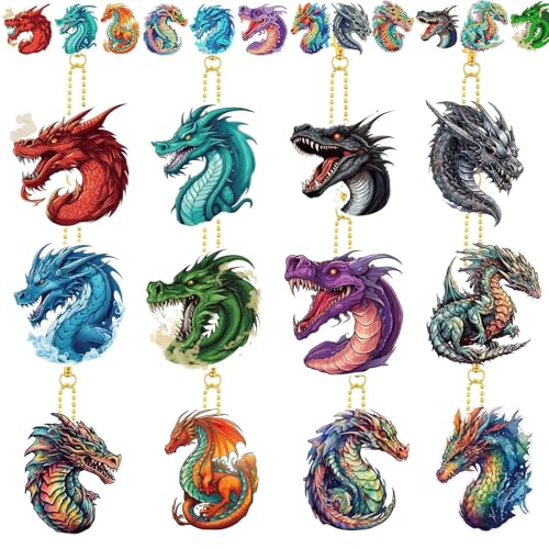 12 Pcs Dragon Diamond Keychains Kit DIY Cute Dragon Diamond Keychains for Beginners Adults Art Craft Supplies Christmas Holiday Gift