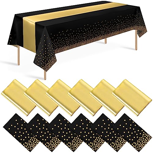 12 Pack Black and Gold Tablecloth and Table Runner Set Party Decorations, Black and Gold Plastic Disposable Tablecloth and Satin Table Runner for Wedding Birthday Bridal Graduation Anniversary Party