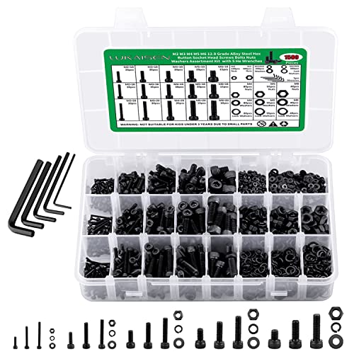 1500PCS Screws Nuts and Washers Assortment, M2 M3 M4 M5 M6 Hex Socket Head Cap Metric Bolts and Nuts Kit - 12.9 Grade Alloy Steel Black Screws with 5 Allen Wrenches for 3D Printer Furniture