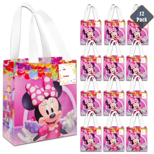 Minnie Mouse Party Favor Bag Set – 12 Pack of 8" Minnie Mouse Party Goodie Bags for Kids Bulk Reusable Mini Totes | Disney Birthday Party Supplies