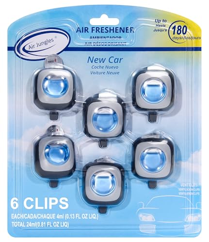 Air Jungles New Car Scent Car Air Freshener Clip, 6 Vent Clips, 4ml Each, Long Lasting Air Freshener, Up to 180 Days Odor Eliminator