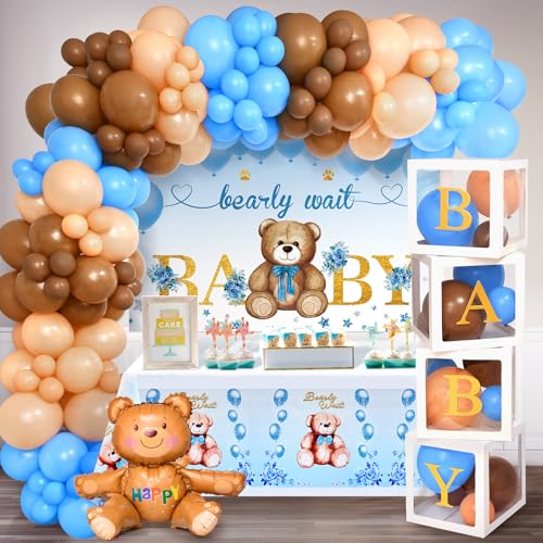 Winrayk 179Pcs Teddy Bear Baby Shower Decorations Boy Baby Boxes with Letters Brown Blue Balloon Arch Bearly Wait Baby Shower Backdrop Tablecloth Bear Balloon Birthday Party Boy Baby Shower Decoration