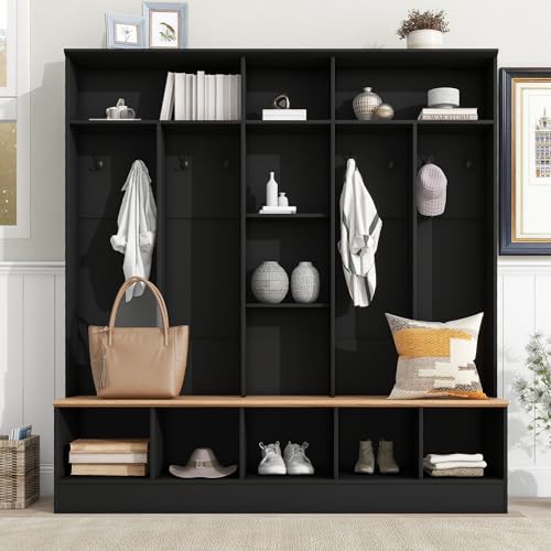 Merax 66.9" Wide Hall Tree with Storage Bench, Shoe Cabinet with Cube Storage & Shelves, Coat Rack with 8 Hooks for Entryways