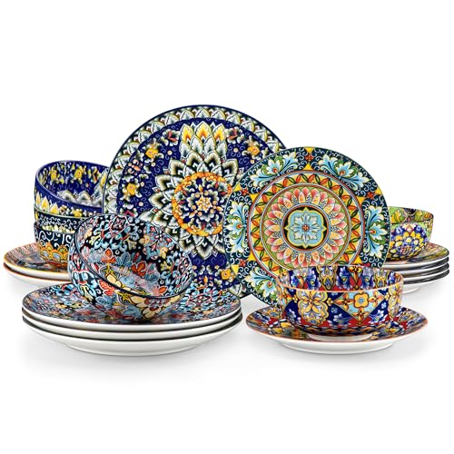 vancasso 18 Pieces Dinnerware Sets, Plates and Bowls Set, Porcelain Dishes Set for 6, Microwave and Dishwasher Safe, Scratch Resistant, Bohemian Style Dining Ware Service for 6, Series SIMI