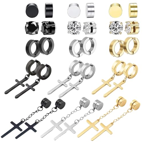 NEWITIN 15 Pairs Magnetic Stud Earrings for Men Clip on Earrings Stainless Steel Magnet Earring Unisex Dangle Cross CZ Hoop Magnetic Stud Earring Set for Men Women
