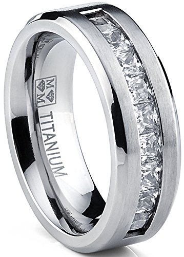 Metal Masters Titanium Men's Wedding Band Engagement Ring with 9 Large Princess Cut Cubic Zirconia Size 9