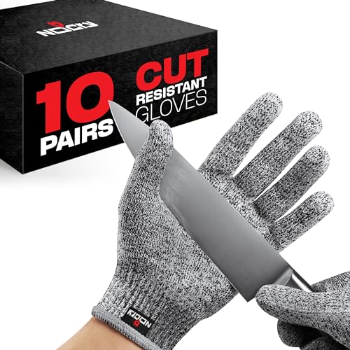 NoCry Premium Cut Resistant Gloves Food Grade — Level 5 Protection; Ambidextrous; Machine Washable; Superior Comfort and Dexterity; Lightweight; Complimentary eBook (10-pack)