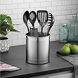 FineDine Rotating Utensil Crock with Weighted Base for Stability, Stainless Steel Utensil Caddy with Removable Divider, Brushed Stainless Steel