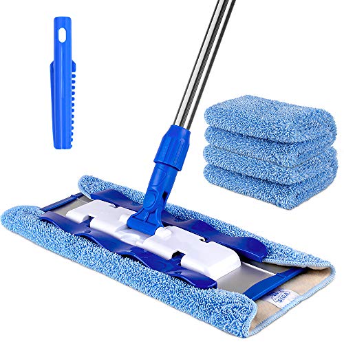 MR.SIGA Professional Microfiber Mop for Hardwood, Laminate, Tile Floor Cleaning, Stainless Steel Telescopic Handle - 3 Reusable Flat Mop Refills and 1 Dirt Removal Scrubber Included