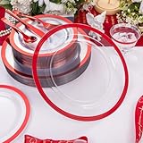 I00000 350 Pcs Clear and Red Plastic Plates,Valentines Disposable Dinnerware Set, Include 50 Dinner Plates 10.25'', 50 Dessert Plates 7.5'',50 Red Rim Cups,50 Per Rolled Napkins with Plastic Cutlery