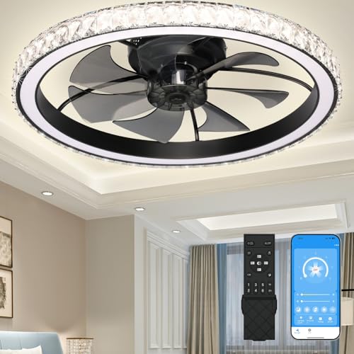 Aipsun Low Profile Modern Crystal Chandelier Ceiling Fans with Lights and Remote, 3000K-6500K Smart Bladeless LED Fan Light, 26" Black Modern Ceiling Fans with Lights for Bedroom