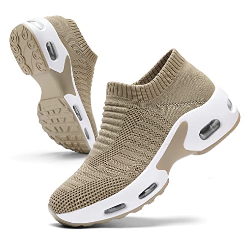 Women Walking Shoes Mesh Sneakers for Women Non Slip Shoes for Women Slip on Sock Sneakers Women Girls Nurse Loafers Light Weight Air Cushion Running Work Shoes Brown