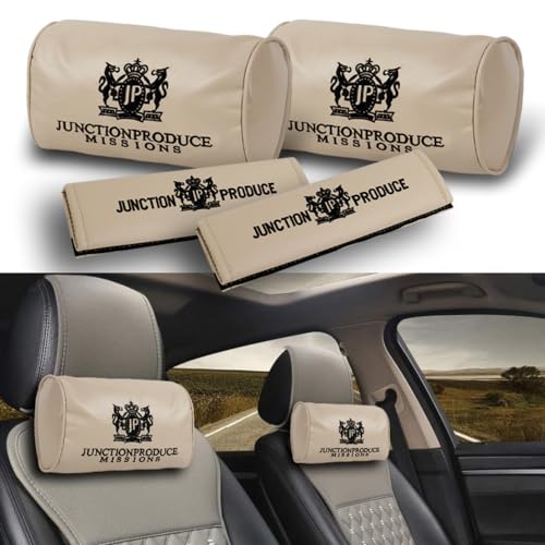 W-POWER 4PCS Junction Produce JDM Car Neck Pillow Headrest + JP VIP Embroidery Car Seat Belt Cover Set (Beige)