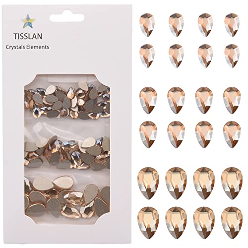 Tisslan 100pcs Flatback Glass 3D Champagne Nail Gem Glue Fix Pear Shape Large and Small Crystal Rhinestone Bulk Charms for Nail Art Designs Jewelry Making DIY Crafts