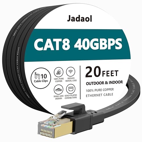 Cat8 Ethernet Cable, Outdoor&Indoor, 20 FT Heavy Duty High Speed Cat 8 LAN Network Cable, 40Gbps 2000MHz RJ45 Flat Internet Computer Patch Cord, Weatherproof S/FTP UV Resistant for Router/Modem/Gaming