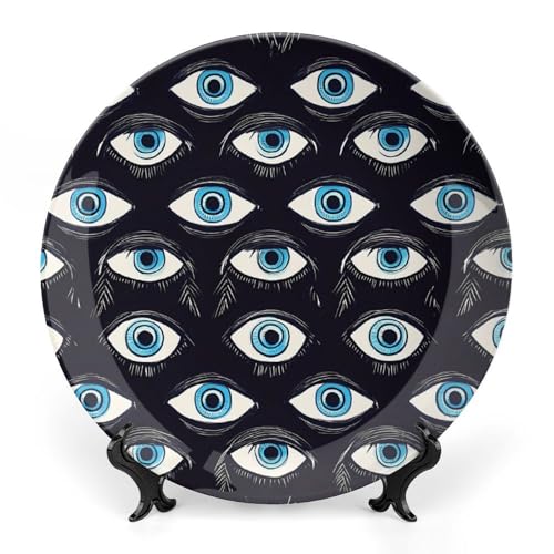 Evil Eyes Pattern Commemorative & Decorative Plates Bone China Display Plate with Stand for Wall Or Table 7inch
