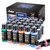 ABEIER Metallic Acrylic Paint, Set of 24 Metallic Colors in 2oz/60ml Bottle, Rich Pigments, Non Fading, Non Toxic Paints for Artist, Beginners & Kids Painting on Rocks Crafts Canvas Wood, Fabric&Stone