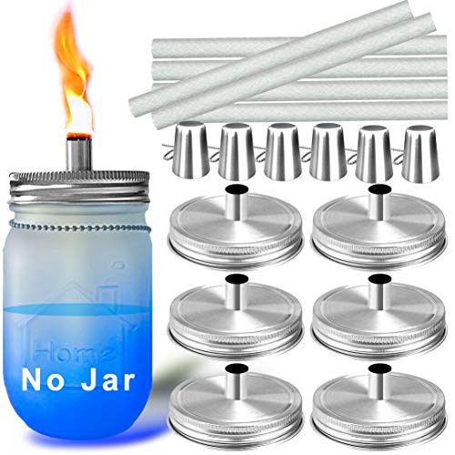 Mason Jar Tabletop Torches Kits,6 Pack Regular Mouth Lids with Protective Tube,Long Life Fiberglass Wicks and Caps,Outdoor Oil Lamp Lights for Patio Garden Camping Decor(Silver)