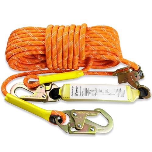 VONLX Fall Protection Safety Rope 50FT Heavy Duty Vertical Roofing Ropes with Alloy Steel Grab Snap Hooks Shock Absorber Fall Protection Tree Climbing Line Kit Tree Stand Safety Rope Line Kit