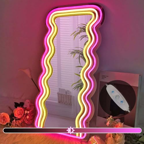 jXIN Wavy Mirror Neon Signs for Wall Decor, 21.3"x 10.6" Wall Mounted Irregular Decorative Mirrors with Dimmable Neon Lights as Gifts for Women Girls, Funny Preppy Room Decor and Office Decor