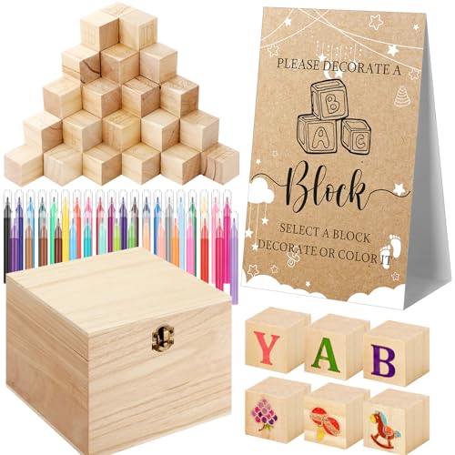 Marsui 136 Pcs Baby Shower Blocks to Decorate Game Kit Includes 98 Wooden Blocks, 36 Markers, 1 Game Sign, 1 Storage Box for Baby Shower Gender Reveal Activity Party Decorations(Cloud)