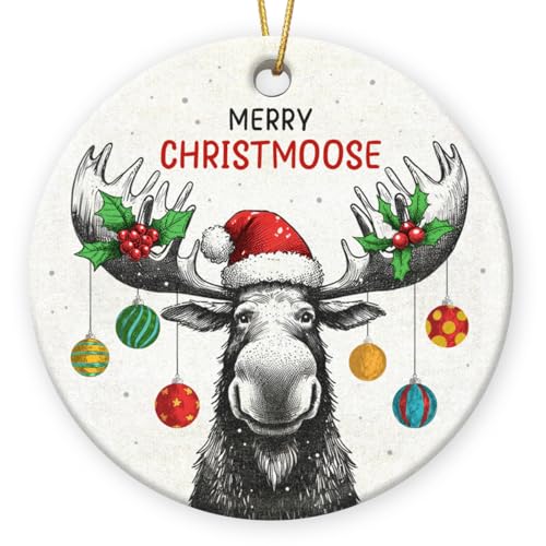 Gift Glow Funny Moose Christmas Ornaments - 2025 Double Sided Ceramic Moose Ornament, Moose Hunting Keepsake, Animal Lover Gifts for Kids, Ceramic Christmas Hanging Ornaments, Funny Gifts for Farmer