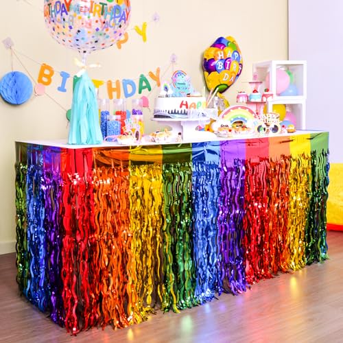 LOLStar Rainbow Party Decorations, 2 Pack Wavy Metallic Tinsel Foil Fringe Table Skirts, Perfect Table Decors for Birthday Holiday Wedding Engagement Bridal Shower Pride Party Cartoon Party
