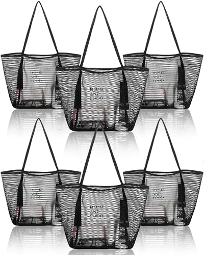 Cunno 6 Pieces Mesh Beach Tote Bag for Women Summer Waterproof Sandproof Shoulder Bag for Travel Vacation Shopping Picnic(Black)
