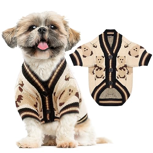 ABRRLO Small Dog Sweaters Cute Bear Dog Cardigans Clothes for Small Medium Dogs Boy Girl Puppy Cat Knitting Cardigan Outfits Dogs Winter Coats Warm Pet Doggy Clothes Soft Knitwear Apparel (Beige,XS)