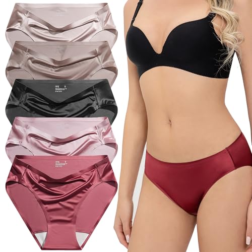 ITAYAX Silky Smooth Invisible Hipster Bikini Panties 5 Pack Underwear for Women Frozen Silk Seamless Panties with Silky Tactile Touch