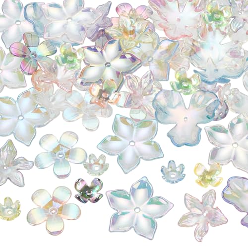 PH PandaHall 60pcs 6 Style Acrylic Flower Bead Caps Mixed Color Trumpet Flower Beads Transparent Mixed Form Floral Beads Bulk for Necklace Bracelet Earring DIY Crafts Jewelry Making, MACR-PH0001-79