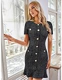 GRACE KARIN Bodycon Dress Short Tweed Sexy Party Dresses Short Sleeve Vintage Dress Summer Work Business Dress with Pockets Dark Black 10