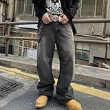 Men's Baggy Jeans Y2K Streetwear Empyre Pants Wide Leg Hip Hop Extra Loose Fit Skater Denim Long Casual Trousers(Black Gray-M)