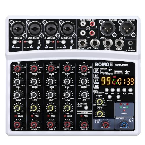 BOMGE 6 Channel Audio Sound Mixer - Professional Digital DJ Mixing Console for Live Streaming, Karaoke and Stereo Recording - With PC Computer Record Playback/Bluetooth/MP3/USB/48V /99 DSP Echo