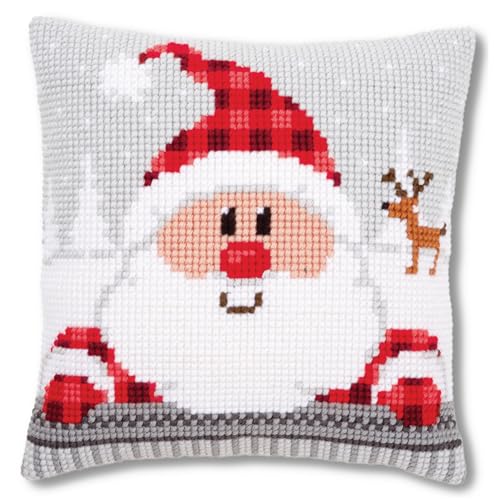 Vervaco Cross Stitch Christmas Pillow Kit Santa Joy DIY Home Decor Stamped Embroidery Chunky Cross Stitch Cushion Craft Supplies ca. 16" x 16" Needlepoint Kits for Adults Creative Gift