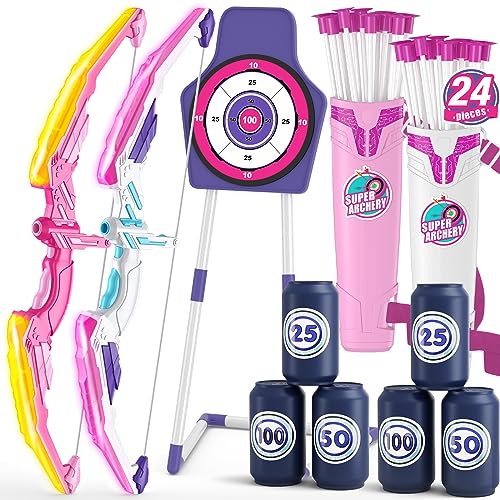 HYES 2 Pack Bow and Arrow for Kids 4-6, LED Light Up Archery Set with 24 Suction Cup Arrows, 1 Standing Target, 6 Score Targets & 2 Quiver, Indoor Outdoor Sport Gifts for Girls Ages 8-12