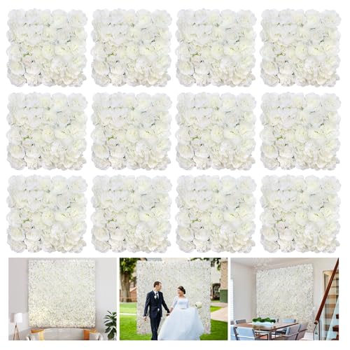 RIDDSEE Flower Wall Backdrop 12PCS 16.5x16.5 Inch Floral Wall Panel White Artificial Silk Rose Wall Decor Ideal for Wedding Celebrations, Festive Party Backdrops and Home Decor
