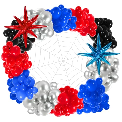 Leyndo 332 Pcs Spider Balloons Arch Garland Kit with 10.8 ft 7 Coils White Fake Spider Web Black Red and Blue Metallic Silver Latex Balloons Arch Kit for Hero Theme Baby Shower Birthday Party Decor