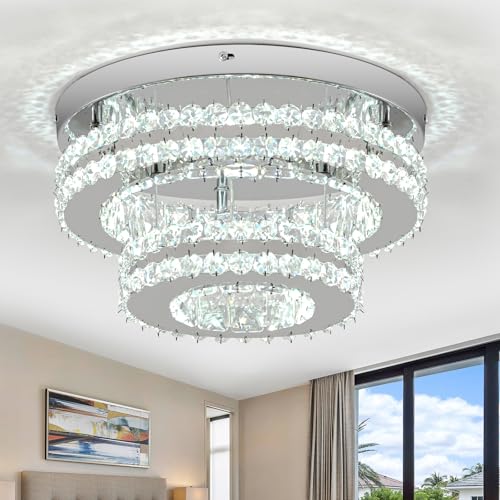 RHEAFON 11.8 Inch Crystal Chandeliers Flush Mount Ceiling Light Fixtures Round Modern LED Chandelier Light for Bedroom Living Room Hallway Kitchen (6500K Cool White)