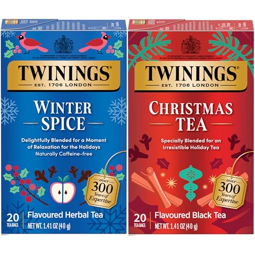 Twinings Holiday Sweet & Spicy Tea Variety 2-Pack – Caffeinated Christmas Tea and Caffeine-Free Winter Spice Herbal, Christmas Gift, 20 Tea Bags Ea