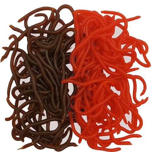 100 Pcs 3.3inch Soft Worms Fishing Lure Baits, Earthworms Baits Lifelike Fake Bloodworm, Fishing Soft Lure Grubs Worm, 2 Colors (Brown and Red)