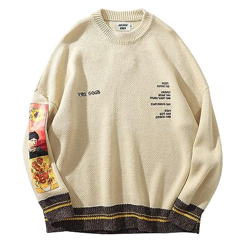 Aelfric Eden Oversized Sweater Graphic Van Gogh Printed Unisex 90s Vintage Women Knit Sweaters Men Casual 2024 Pullover Beige