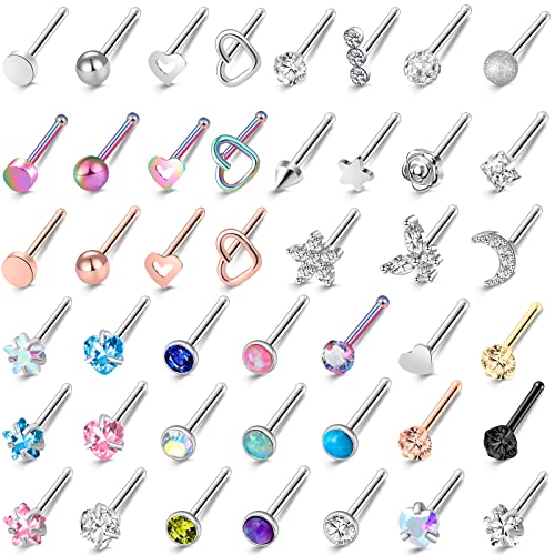 ONESING 44 Pcs 20G Nose Rings Studs for Women Nose Piercings Jewelry Surgical Stainless Steel Straight Nose Studs Moon Star Heart Butterfly Hypoallergenic Body Piercing Jewelry for Women Men