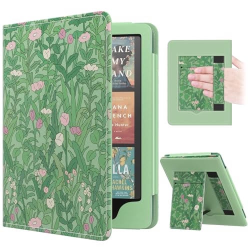 MoKo Case for 7"/6.8" Kindle Paperwhite(12th/11th Gen-2024/2021) and Kindle Colorsoft Signature Edition, Slim PU Shell Cover Case with Auto-Wake/Sleep for Kindle Paperwhite 2024, Green Flower