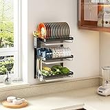 PUSDON Wall Mounted Dish Drying Rack, 3 Tier Stainless Steel Hanging Dish Drainer with Cutlery Holder, Drainboard and Hooks, Fruit Vegetable Kitchen Supplies Plates Bowls Cups Storage Shelf, Black