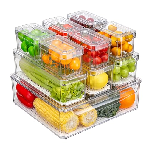 Pure Future 10 Pack Refrigerator Organizers and Storage, Stackable Fridge Organizer Bins with Lids, BPA-Free Produce Fruit Storage Containers for Storage Clear for Food, Drinks, Vegetable Storage